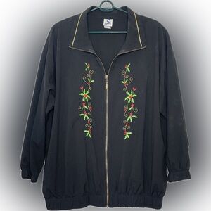 Sport Savvy brand black zip-up jacket embroidered holly berry designs Christmas